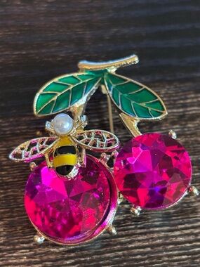 Yellow Bee & Cherry Pin Crystal Rhinestone Brooch in Hot Pink and Green